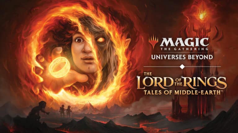 A fiery eye with a hand holding a ring is at the center. Below, three small figures stand against a volcanic landscape in Tales of Middle-earth. The text reads "Magic: The Gathering Universes Beyond - The Lord of the Rings.