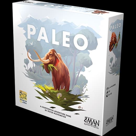 The box cover for the Paleo board game showcases a woolly mammoth among lush greenery. The text announces "A cooperative adventure game by Peter Rustemeyer." Logos of Z-Man Games and Hans im Glück are prominently displayed.