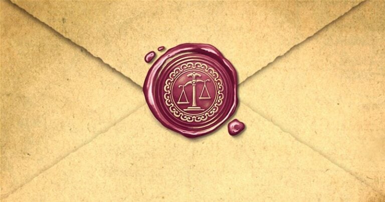 A sealed envelope with a wax seal exudes a sense of formality and importance. The maroon seal, embossed with gold balanced scales symbolizing justice, hints at its content—a love letter, perhaps—infused with the intricacy and care of something truly cherished.