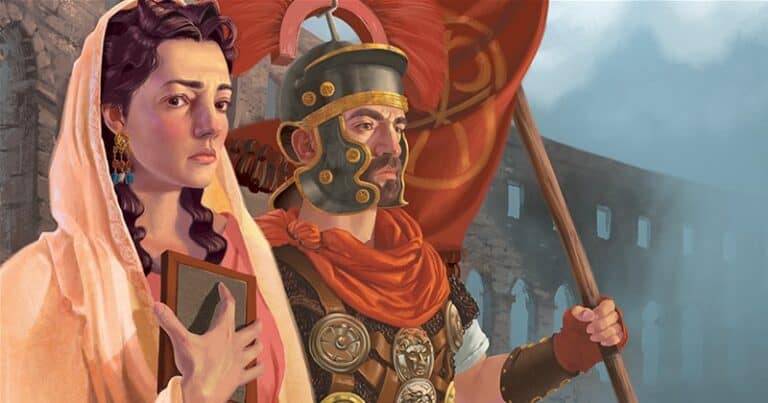 A woman in a hooded cloak holds a book, standing beside a Roman soldier in armor with a red plume helmet. The soldier grips a red banner with a gold design, evoking the dramatic tension of the Fall of Rome. They stand against a misty backdrop of ancient ruins, reminiscent of Z-Man Games' board games.