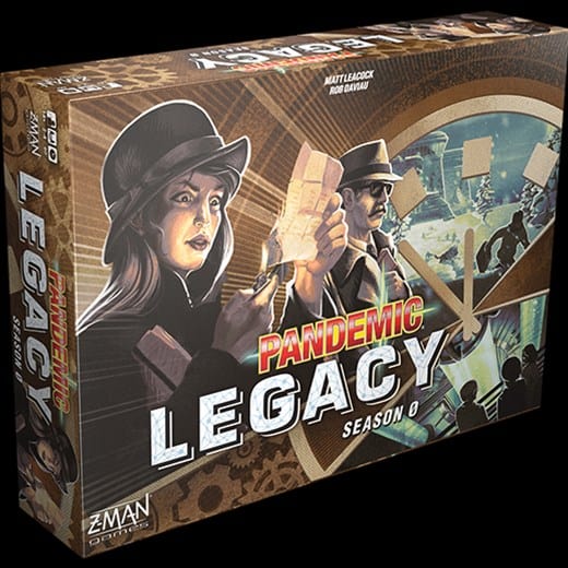 The image displays the box of Z-Man Games' "Pandemic Legacy: Season 0." The cover art showcases characters in 1960s attire, embodying a spy theme with documents in hand and a clock symbol subtly set against the backdrop.