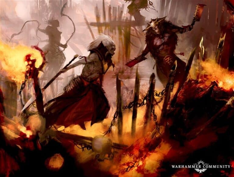 In a fantasy scene crackling with chaos, two dark, armored creatures clash in battle amidst flames and smoke. Their weapons glint as chains and spikes protrude from the foreground. The air throbs with a primal warcry, evoking an intense atmosphere reminiscent of Games Workshop's vivid universe.