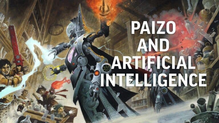 A futuristic battle scene unfolds with armored characters wielding weapons in dynamic confrontation. One, clad in elaborate robotic armor, faces foes amidst books and mysterious artifacts. Text reads "Paizo and AI-generated content," highlighting the blend of creativity and innovation in their products.