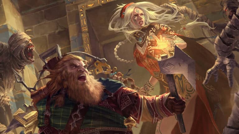 In a fantasy scene perfect for a Play Weekend, a bearded dwarf grips his axe while a sorceress casts a glowing spell. Ready to confront attacking mummies in the stone building, they echo the thrill of StartPlaying Pathfinder, with magical symbols illuminating their path.
