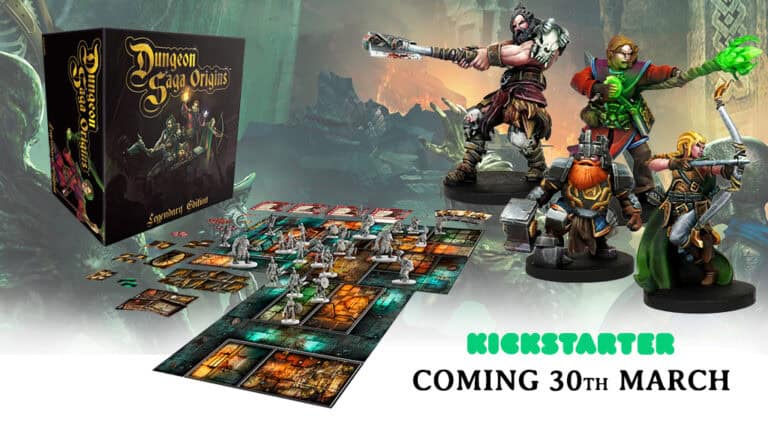 The "Dungeon Saga Origins" board game set, featuring a fantasy-themed game board and warrior miniatures, includes a Kickstarter announcement for March 30th. A Legendary Edition enhances this mystical experience, promising an epic journey captured in an exciting gameplay video.