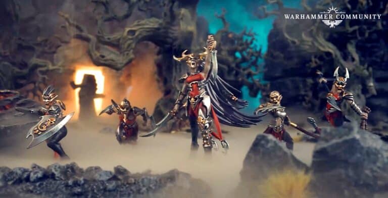 A group of fantasy warrior miniatures, reminiscent of a Warhammer Underworlds gladiatorial-themed warband, stands on rocky terrain with fog amidst twisted trees and a glowing entrance. Adorned in red and gold armor, dramatic capes, and horns, they are ready for battle.