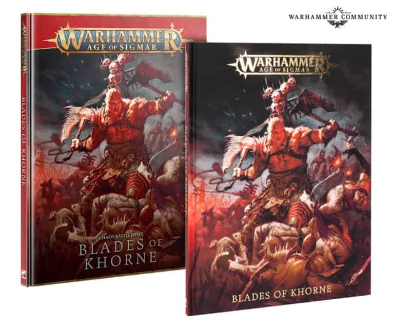 Cover of "Warhammer Age of Sigmar: Blades of Khorne" from Games Workshop reveals a fierce horned warrior clad in armor, leading a chaotic battle. Flames and demonic figures, reminiscent of Slaanesh's realm, fill the background. Two versions are displayed: hardcover and softcover.