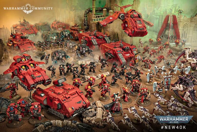 A detailed scene of Warhammer 40,000 miniatures from the 10th Edition captures an epic battle. Red-armored figures and vehicles clash against varied foes amidst ruins and desert-like landscapes with a misty backdrop, showcasing Games Workshop's remarkable craftsmanship.