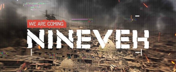 A chaotic scene depicts a helicopter flying over a smoky, war-torn city, reminiscent of Saigon 75, with bold white lettering proclaiming "WE ARE COMING NINEVEH," evoking the tension of historical tabletop games.