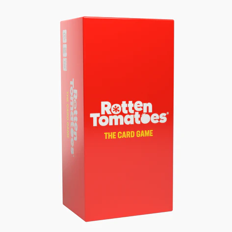 A bright red box with white text that reads "Rotten Tomatoes: The Card Game" is displayed against a plain background, celebrating RT25 in a simple and bold design.