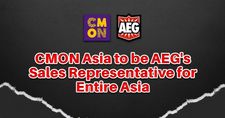 Image featuring the logos of CMON and AEG on a dark background. Text in bold red reads, "CMON Asia to be AEG's Master Distributor for Entire Asia, marking a significant shift in the board game industry.