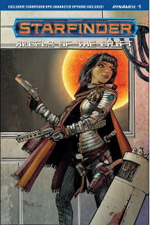 Epic Comics presents the captivating cover of "Starfinder: Angels of the Drift," featuring a futuristic hero clad in armor and cape, poised with a weapon. A luminous celestial body looms in the backdrop, adding to the epic allure.