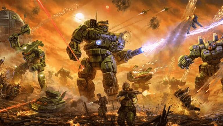 In a fiery, chaotic battlefield, massive armored robots clash as mercenaries navigate the chaos with precision. Lasers pierce the dramatic orange sky amidst explosions and flying ships, reminiscent of an epic Adepticon 2023 showdown.