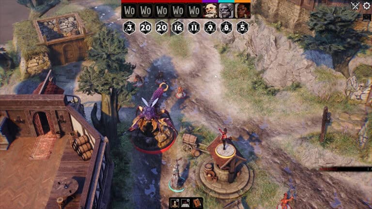 A top-down view of a video game scene evokes the charm of Dungeons and Dragons, with characters in a fantasy village setting. A large, tentacled creature is surrounded by heroes on a dirt path. Buildings and trees border the path, while numerical stats echo the essence of tabletop gaming at the top.