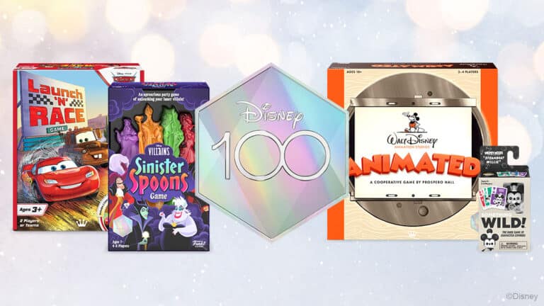 Boxes of Disney Board Games by Funko Games are displayed against a festive background, celebrating Spring 2023. Featured games include "Launch 'N Race," "Sinister Spoons," and "Disney Animated," all centered around the enchanting Disney 100th anniversary logo.