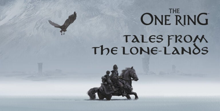 A lone rider on horseback traverses a snowy landscape with an eagle flying overhead. Text reads "The One Ring RPG: Expansion - Tales from the Lone-Lands.