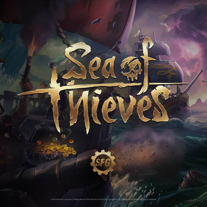 Logo for the game "Sea of Thieves" featuring a pirate ship in stormy seas, with a stylized title incorporating a skull. The background includes dramatic clouds and treasure. SFG logo, representing Steamforged Games, appears at the bottom.