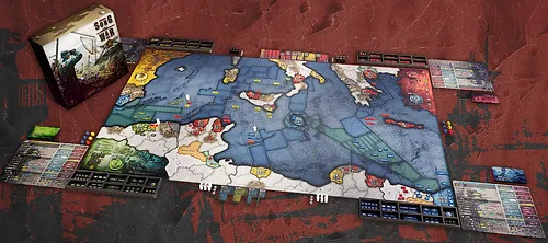 A tabletop strategy game setup showcases a strategic map of the Mediterranean with vibrant territories and game pieces. The "SGR 1936" box by Invicta Rex Games sits in the corner, while player cards and tokens surround the scene, creating a captivating Song for War experience.