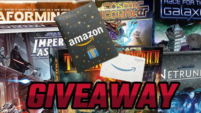 A vibrant collage of board game covers, featuring "Terraforming Mars," centers around an enticing Amazon gift card. The word "GIVEAWAY" stands out in bold red letters below, capturing the excitement of this tabletop gaming event.