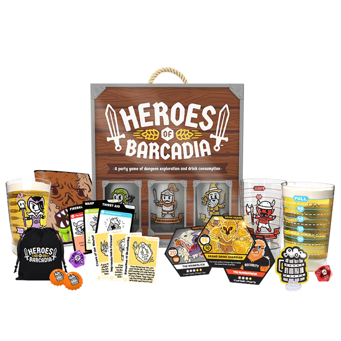 The Kickstarter Edition of the board game "Heroes of Barcadia" features playing cards, character markers, hexagonal tiles, and cups with level indicators, all tucked neatly into a drawstring bag. The packaging boasts a wooden sign design with swords and is exclusively available on Rollacrit.com.
