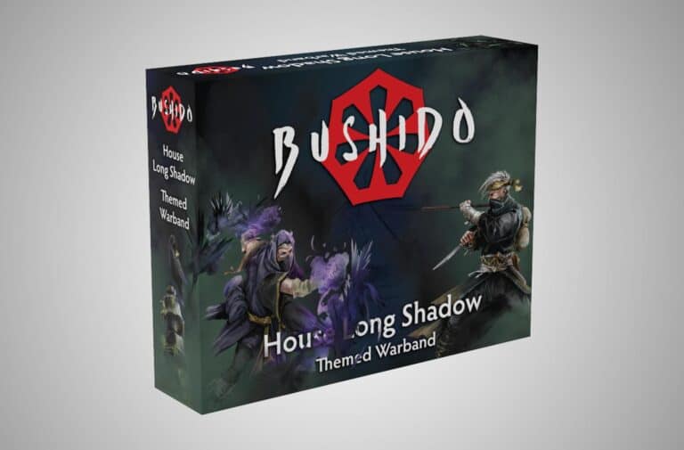 This Bushido-themed box set for "House Long Shadow - Themed Warband" showcases art of two ninja-like characters with swords in dynamic poses against a dark, mystical background. Featuring a prominent logo and title at the top, this pre-order package is a must-have for collectors.