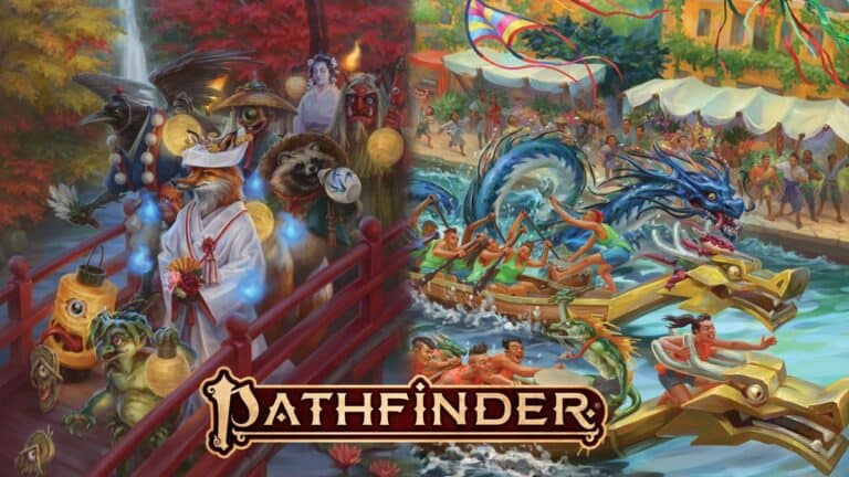 Fantasy-themed artwork showcases the spirit of adventure in Tian Xia, with anthropomorphic animals in traditional attire on a bridge and people racing dragon-headed boats on a river. A festive atmosphere pervades, with kites flying and crowds cheering from the riverside. "Pathfinder" logo below.