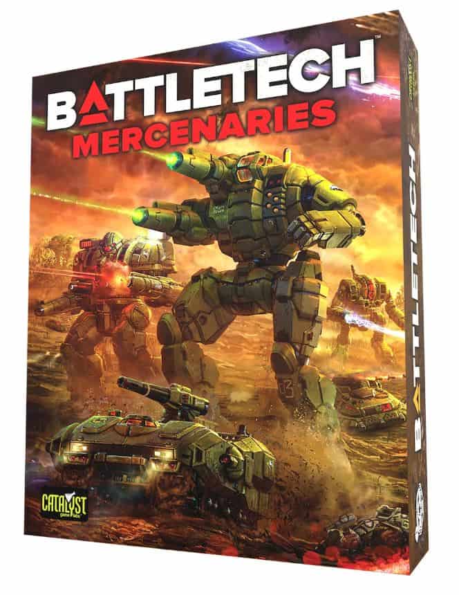 The image displays the box cover of "BattleTech Mercenaries," highlighting giant robots engaged in combat, unleashing weapons amid explosions. The Kickstarter-backed title stands out boldly at the top.