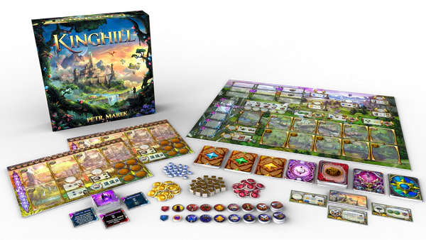 The board game setup for "Kinghill" by Steamforged Games showcases a game board, character boards, various tokens, cards, and the game box with artwork depicting a castle in a lush landscape. The components are neatly arranged on a dark background, highlighting the Kinghill IP beautifully.