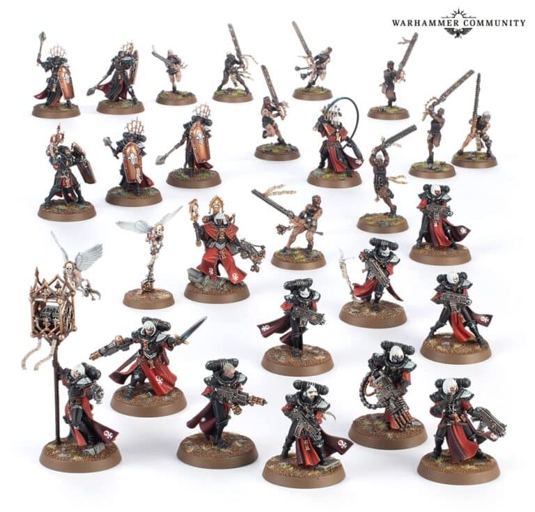 A collection of intricately painted miniature figures, depicting warriors in ornate armor with weapons. Posed on circular bases, they are thoughtfully arranged in rows. These figures hail from a universe reminiscent of Warhammer 40k or Necromunda.