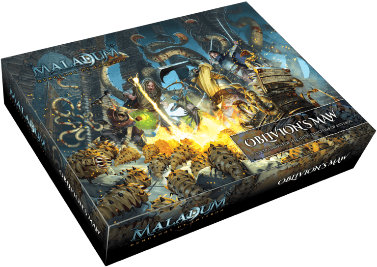 The box art of "Maladum: Oblivion's Maw Expansion" showcases adventurers clashing with tentacled creatures, set against a fiery, mystical backdrop inspired by the Dungeons of Enveron.