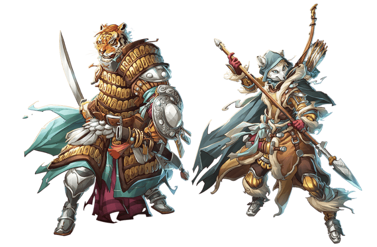 In a winter-themed setting, a fierce tiger warrior in armor wields a sword and shield, standing beside a fox archer in a hooded cloak with bow and arrow. Both strike dynamic poses, their fantasy-themed, anthropomorphic designs vividly contrasting the stark white backdrop of impending death.