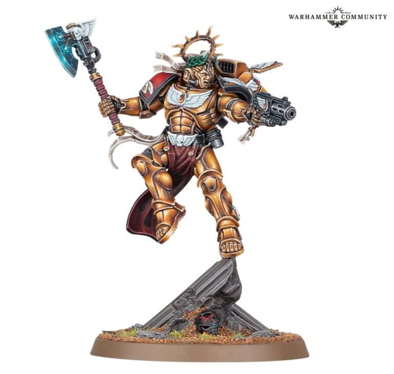 This detailed miniature features a dynamic armored warrior akin to Commander Dante of the Blood Angels. Wielding a decorated axe and a gun, he stands poised on a rocky base, wearing a helmet with a halo-like design and flowing red cloak, all painted in gold and red tones reminiscent of Warhammer 40k.