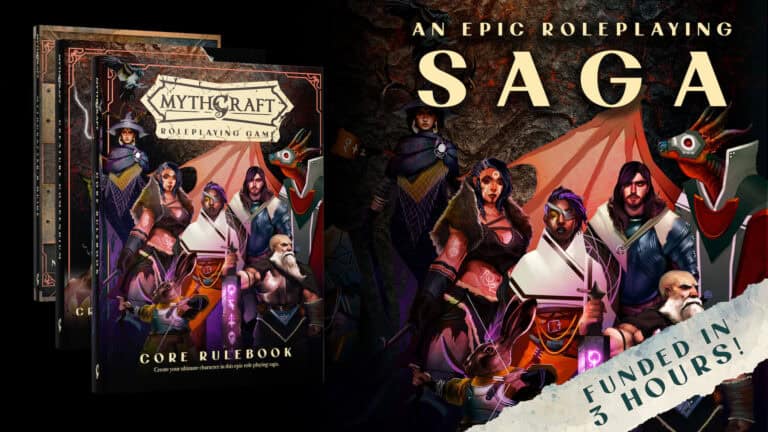 Promotional image for "Mythcraft Roleplaying Game," a TTRPG sensation funded on Kickstarter in just 3 hours. Features the core rulebook cover with diverse fantasy characters, highlighting an "epic roleplaying saga.