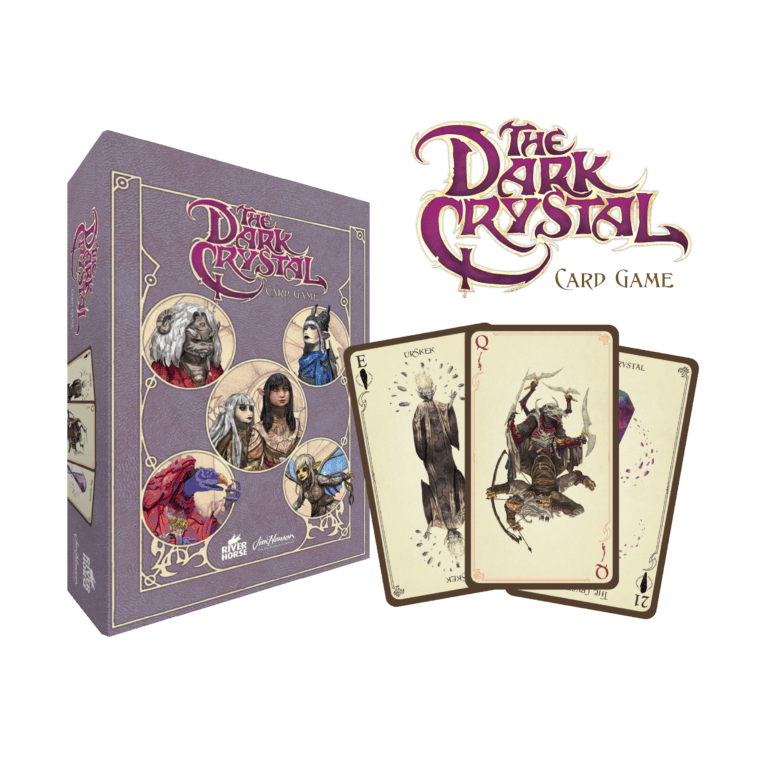Discover the enchanting World of Thra with "The Dark Crystal Card Game." The purple game box features stunning fantasy artwork, including character portraits, and two visible cards boast intricate designs. Pre-order now to immerse yourself in this captivating realm!