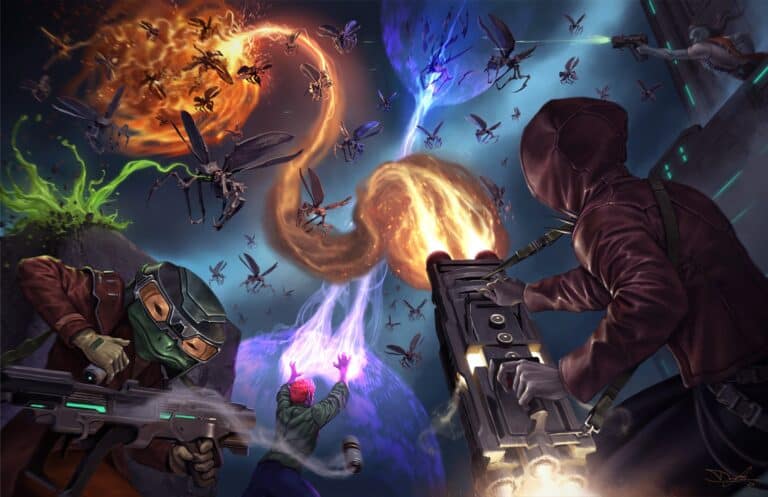 In a breathtaking Science Fantasy RPG scene, two hooded figures wield guns against flying insect-like creatures. A swirling energy portal dominates the backdrop, while glowing orbs and green splatters enhance this dynamic, otherworldly setting reminiscent of Starfinder Enhanced adventures.