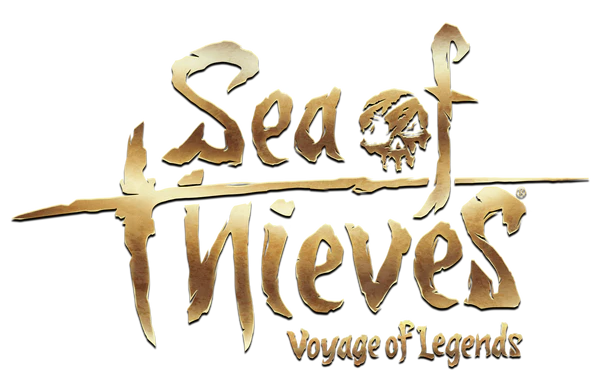 The image displays the "Sea of Thieves: Voyage of Legends" logo in stylized gold text with a skull cleverly embedded in the word "Sea," evoking a sense of adventure. The background is transparent, giving it an adaptable look for any setting.