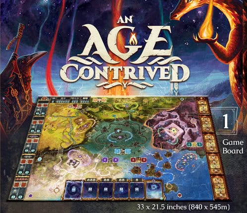 The box cover of "An Age Contrived" tabletop game showcases captivating fantasy artwork with mythical creatures and landscapes. The game board features intricate illustrations, immersing players in the realm of fantasy gods. Dimensions are 33 x 21.5 inches (840 x 545mm).