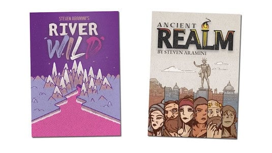 Covers of two board games. On the left, "River Wild" showcases a purple background with a pink, winding river and mountains. On the right, "Ancient Realm," part of the Solo Games series, depicts a group of people in front of a cityscape with a statue and flames.