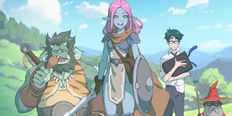 In a lush landscape, a whimsical fantasy scene unfolds like an anime tableau: a large green orc clutching food, a blue-skinned elf with pink hair and armor, a human bookworm wearing glasses, and a small creature in a red hat wielding its staff. This gathering seems destined for an epic tabletop RPG adventure.