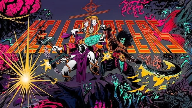 A vibrant, chaotic illustration showcases two characters—one in red armor wielding futuristic weapons and another with blue flames—amidst monstrous creatures and cosmic elements. "HELLPIERCERS" blazes in bold orange above them, hinting at a tactical hell-slaying action game on Kickstarter.