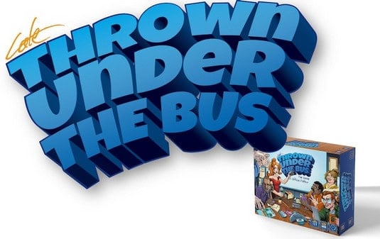 A game box titled "Thrown Under the Bus" features a vibrant 3D logo. With Kickstarter backing, it showcases illustrations of characters humorously navigating office politics, suggesting a playful board game theme.