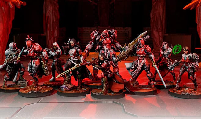 A group of intricately designed sci-fi miniatures from Corvus Belli's Infinity series, each in unique armor with weapons, posed on a reflective surface. The dimly lit background with a reddish hue evokes the mysterious ambiance of Bakunin Observance.