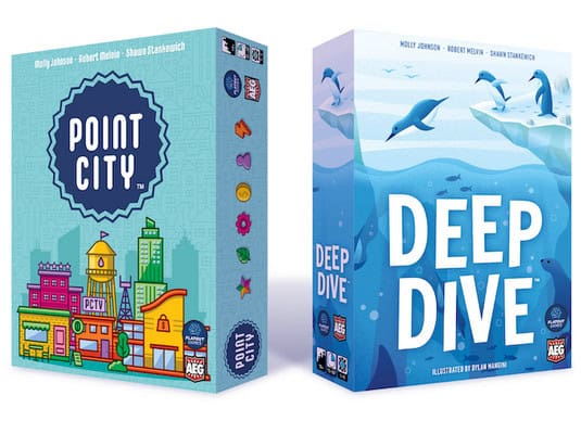 Image of two captivating board games by Flatout Games. On the left is "Point City," showcasing a vibrant cityscape design, and on the right is "Deep Dive," featuring an enchanting underwater scene with penguins and ocean life.