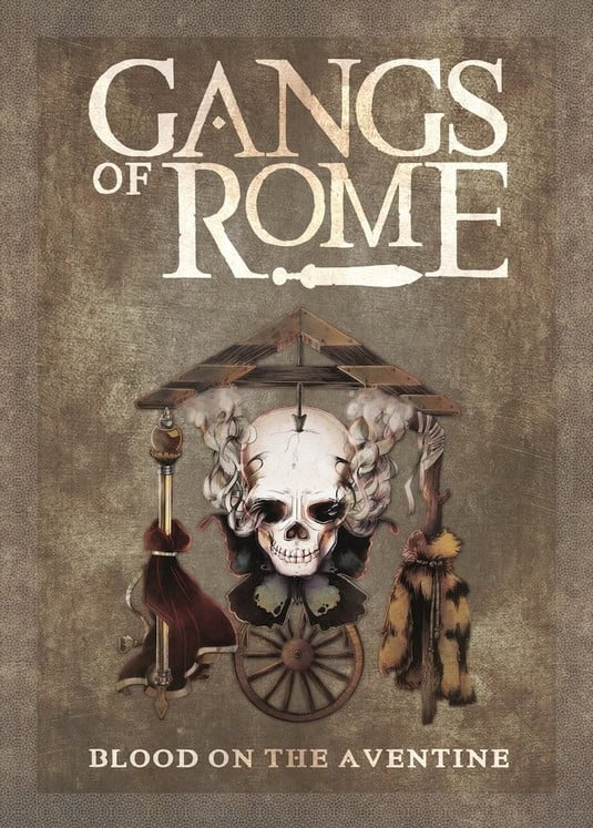 The image features a poster titled "Gangs of Rome: Blood on the Aventine," capturing intense gang warfare. It depicts a skull adorned with a Roman helmet and various weapons, surrounded by an aged parchment texture, embodying the chaotic spirit of the streets of Rome.