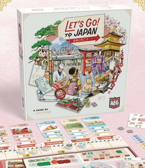 Box art for the Kickstarter board game "Let's Go! To Japan" showcases vibrant Japanese landmarks and cultural elements. Game components, such as cards and tiles, are artistically spread out in front of the box on a table, transporting players to the heart of Japan.