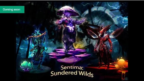 Fantasy creatures stand dramatically in a mystical, forested setting with glowing elements. A central mushroom-like character stands on purple formations, flanked by insectoid creatures. Text reads "Sentima: Sundered Wilds." Green "Coming soon" banner above, hinting at a thrilling TTRPG adventure.