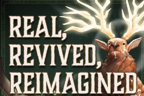 An illustration of a mystical deer with glowing antlers against a dark green background exudes an enchanting Dungeons and Dragons vibe. Bold text reads "Real, Revived, Reimagined," capturing the essence of the Book of Extinction beside the deer.