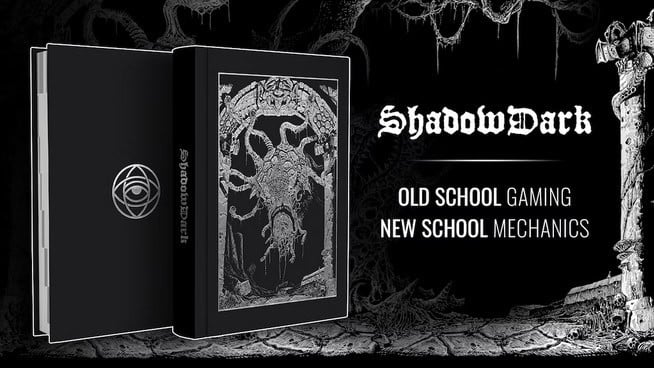The image showcases "ShadowDark RPG," a book with an intricate dark design and a skeletal figure on the cover. Its text promises "Old School Gaming, New School Mechanics." Recently spotlighted in a Kickstarter campaign, it achieved funding success against a backdrop of detailed illustrations.