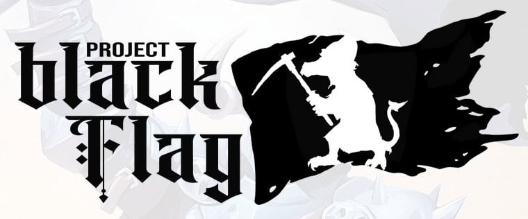 Logo for "Project Black Flag" with stylized text beside a silhouette of a figure clutching a weapon on a tattered flag. A nod to the luck mechanic is subtly woven into the design, hinting at fortune's role in this daring venture.