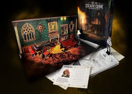 A pop-up mystery escape game set in a Victorian-style living room with ornate furnishings and a mysterious atmosphere. As the crime unfolds, immerse yourself among character cutouts and clue sheets included in this captivating game package.